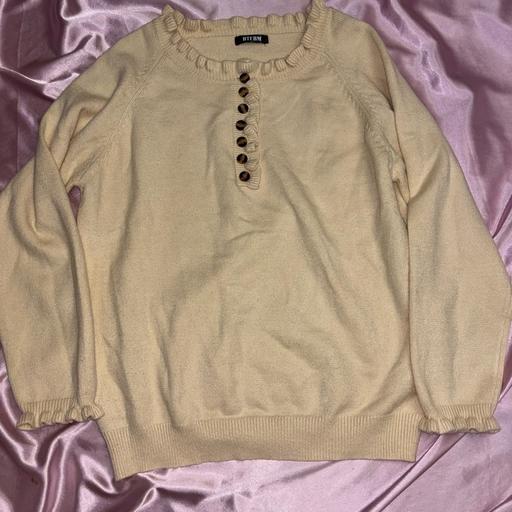 BTFBM Cream Ruffle Neck Button Sweater Boho Cottagecore - Picture 13 of 16